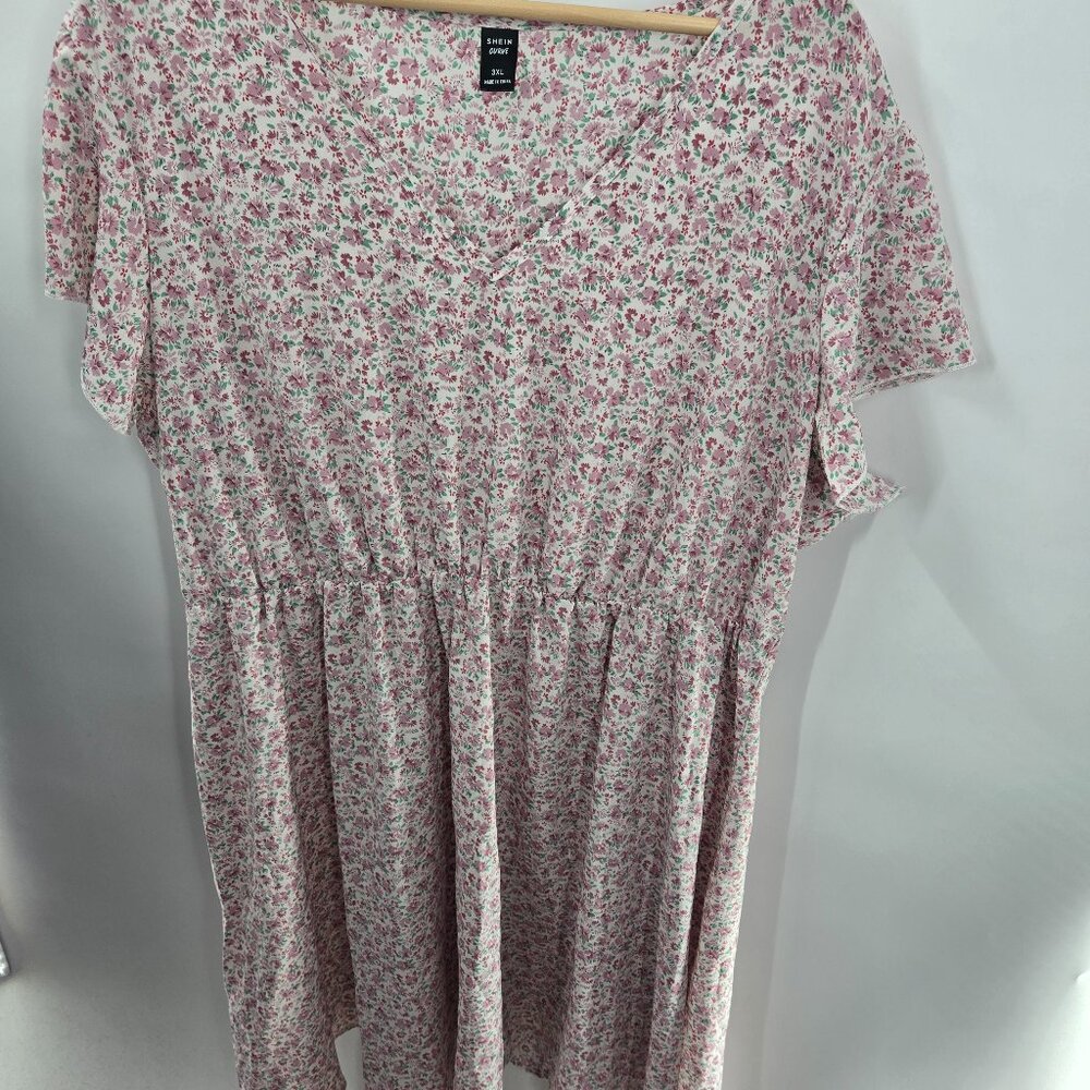 Shein White Pink Floral V-Neck Cottagecore Midi Dress 3XL